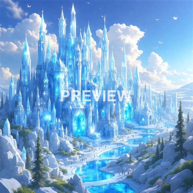 A majestic, fantastical ice castle with tall spires and glowing blue lights is set amidst snowy mountains, with a winding river and trees in the foreground under a bright sky.